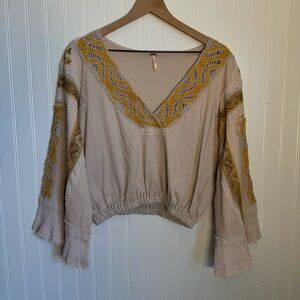 Free People Beige and Yellow V-Neck Sweater